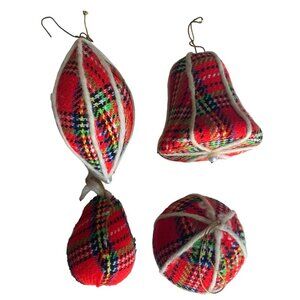 Vintage Red Plaid Fabric Christmas Ornaments Set Of 4 Bell Ball Large